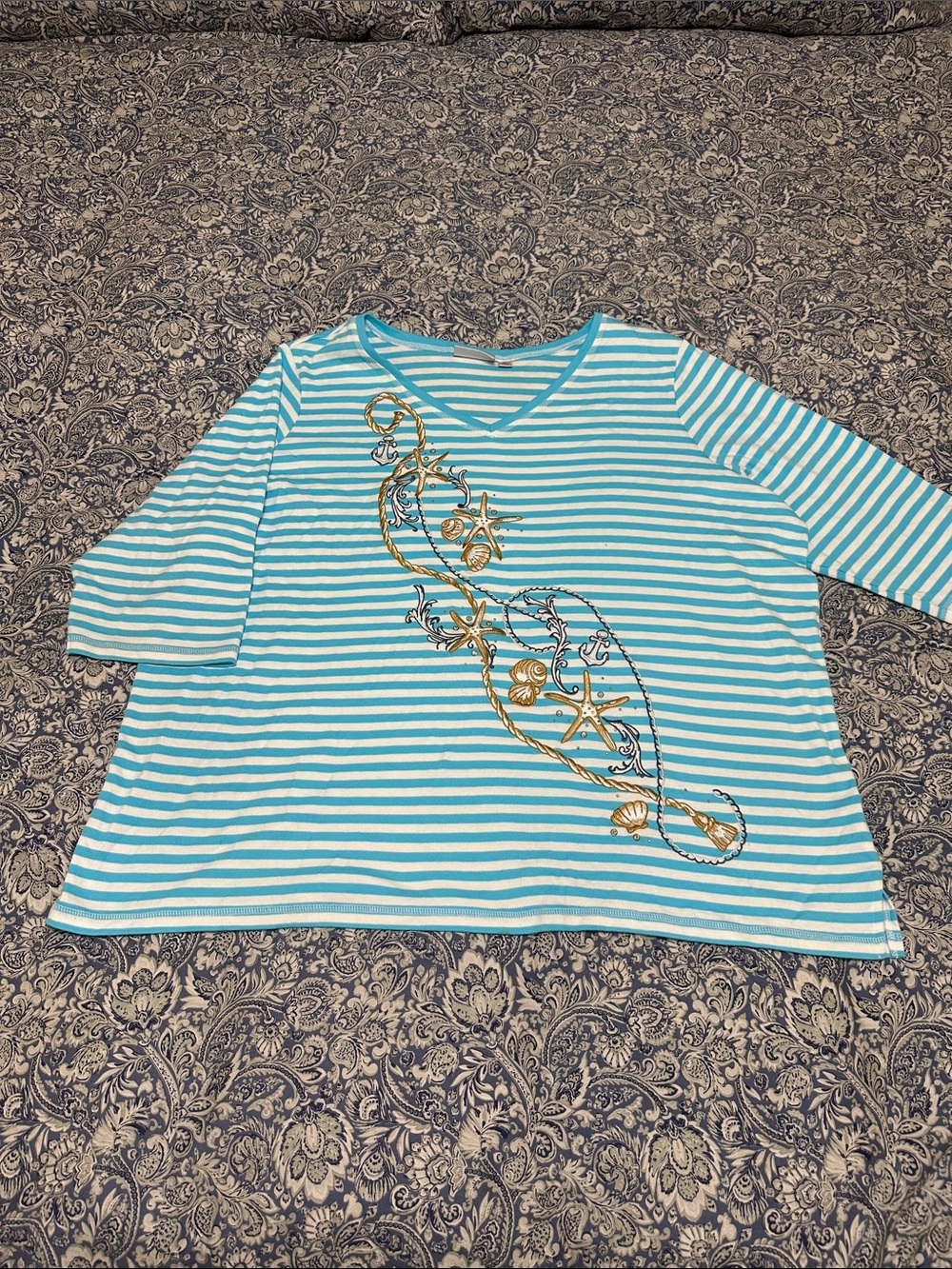Quacker Factory Turquoise and White Striped V-Neck Top with Nautical Embroidery